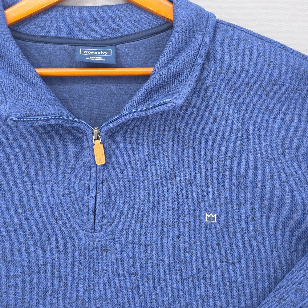 Crown & Ivy Mens XXL Blue Heathered Quarter Zip Pullover Sweater Mock Neck Logo